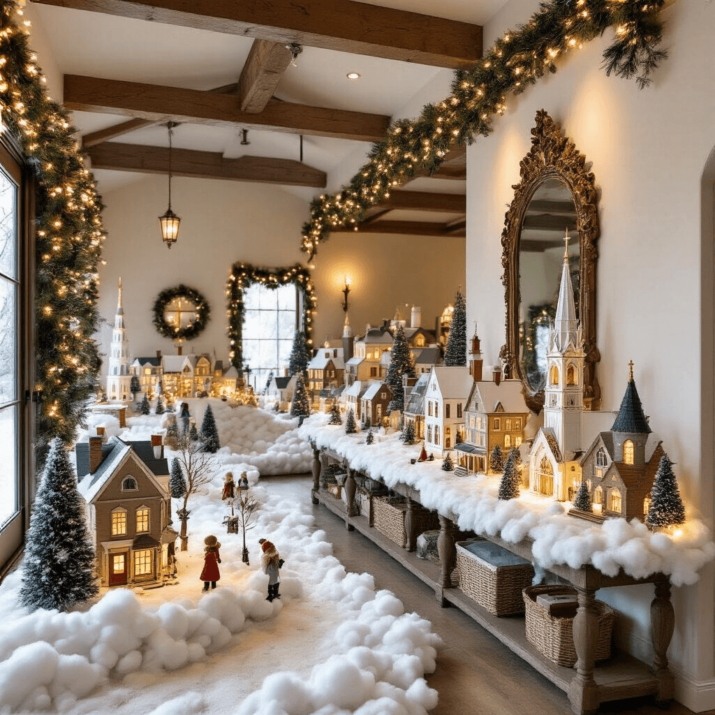 A beautifully decorated entryway featuring a DIY Christmas village display with a long console table adorned with cotton batting, handcrafted buildings, and twinkling LED lights, under high ceilings with exposed wooden beams, complemented by a garland and a large ornate mirror reflecting the scene.