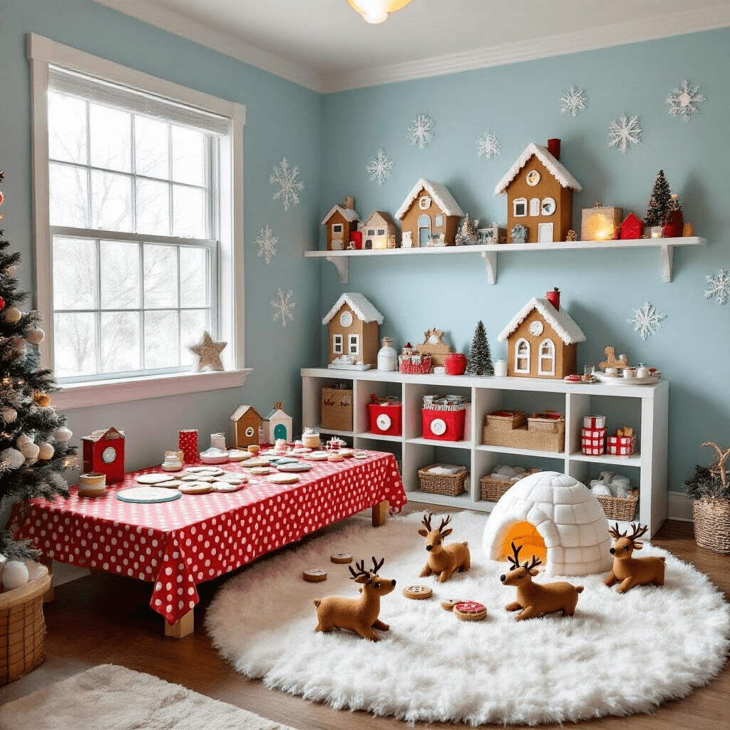 A whimsical children's playroom corner transformed into a DIY Christmas village workshop, featuring a child-sized craft table covered in red-and-white polka dot fabric, scattered with foam buildings and cookie-cutter molds. Completed houses decorated with oversized buttons and glitter line shelves. A fluffy white rug mimics snow, surrounded by stuffed reindeer near a half-built igloo. The soft sky blue walls are adorned with hand-painted snowflakes, and battery-operated tea lights provide a warm, inviting glow. The low camera angle captures the enchanting, accessible nature of the space for young artists.