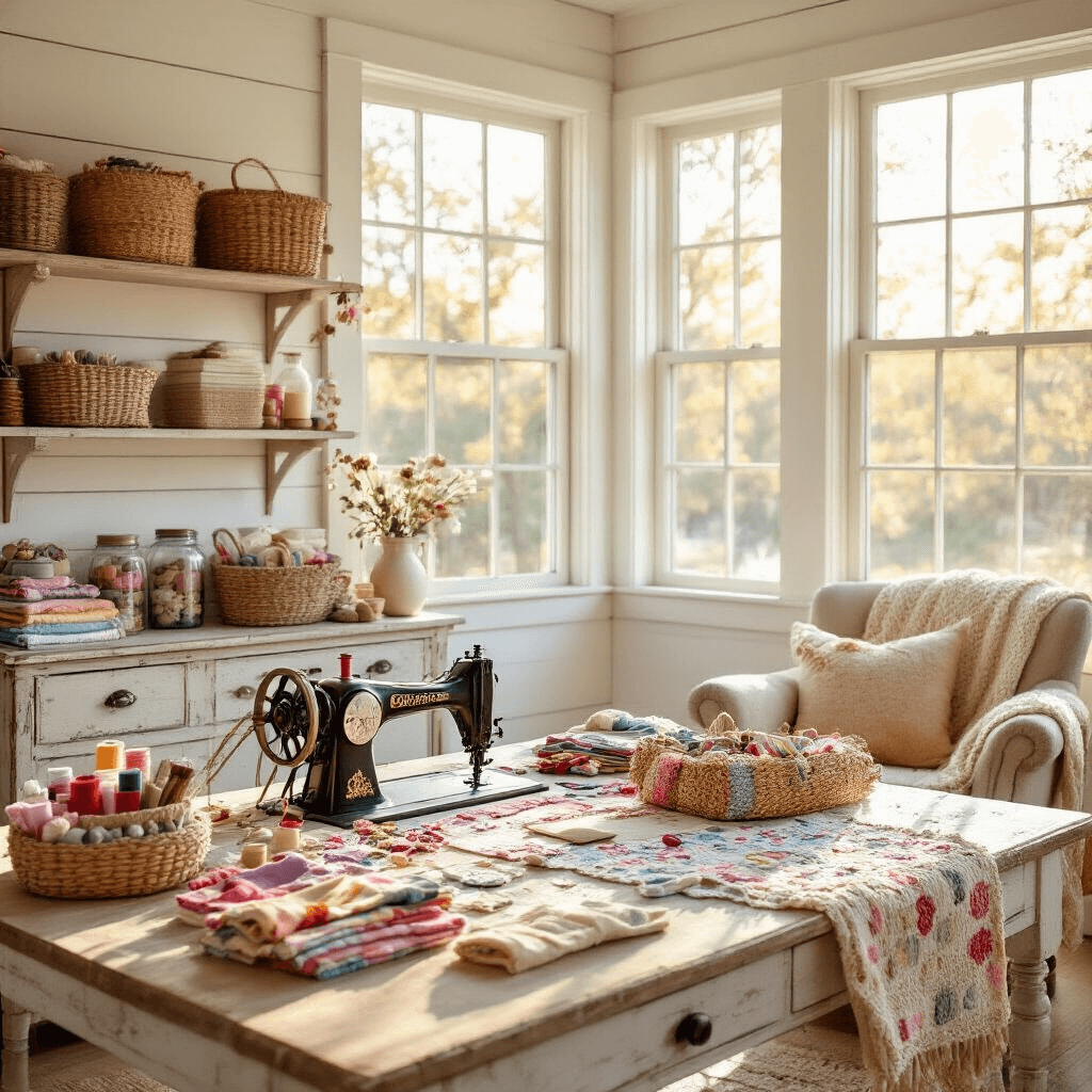 A bright and inviting craft room with white shiplap walls and large windows, filled with warm late afternoon light. The space features a central farmhouse table covered in colorful fabric scraps and a half-finished purse gift basket, alongside a vintage sewing machine on a distressed wood sideboard. Open shelving displays woven baskets, spools of thread, and mason jars of buttons, while a cozy armchair with a crocheted throw occupies the corner. The room has a warm cream and soft pastel color palette, captured in a wide-angle view.