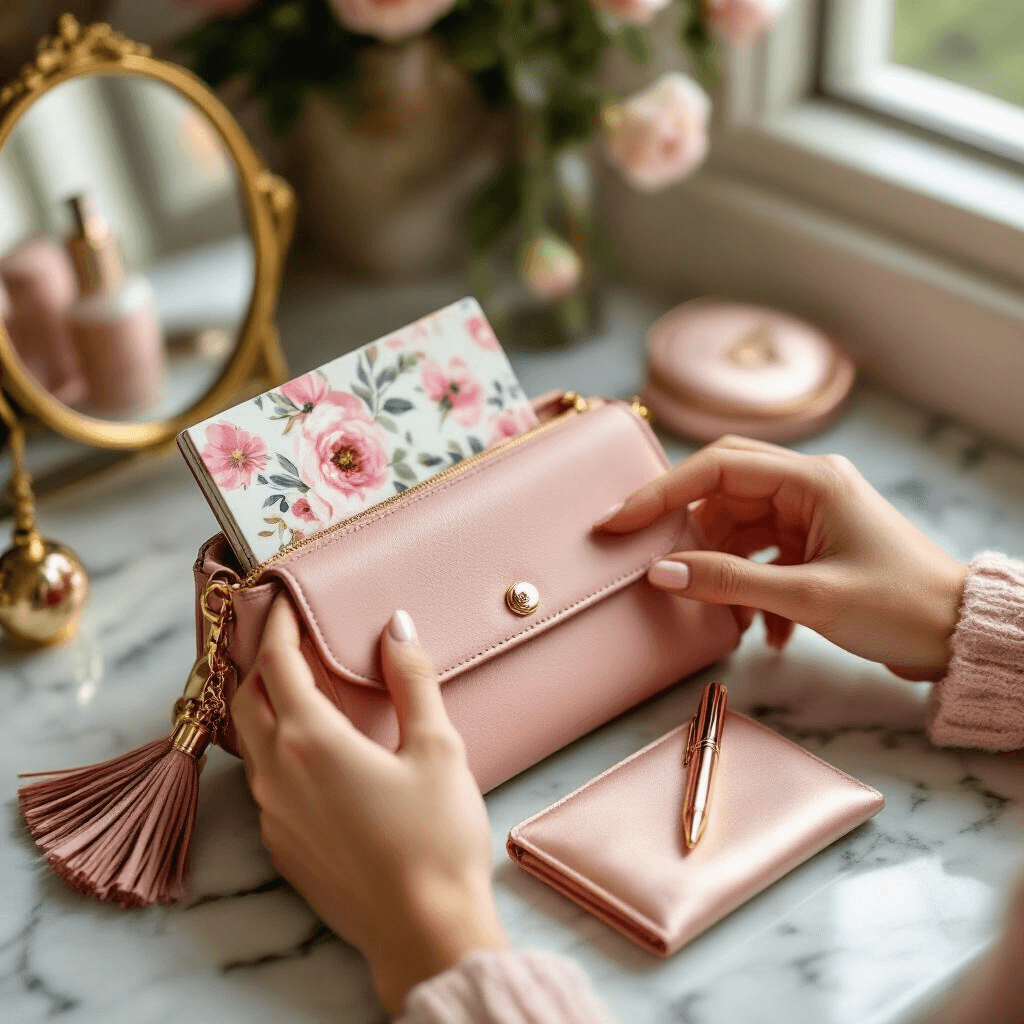 Intimate close-up of hands neatly arranging items in a blush pink leather crossbody bag on a marble countertop, showcasing a floral notebook, rose gold pen, luxe hand cream, and a silk eye mask, with a gold-rimmed mirror and tassel keychain nearby, all in soft, diffused natural light and a warm, feminine color palette.