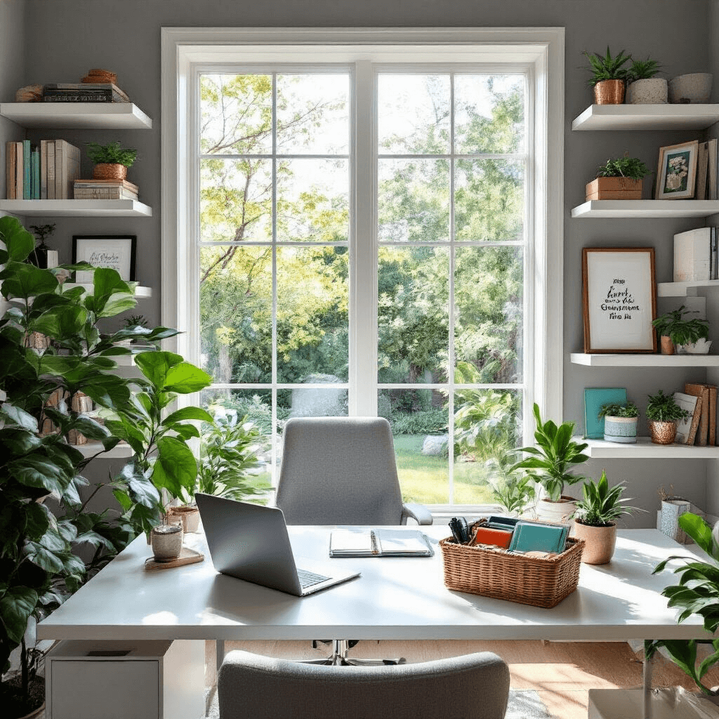 A modern home office features floor-to-ceiling bookshelves and a large picture window overlooking a lush garden, illuminated by mid-morning light. A white desk is centered in the room, adorned with a sleek laptop, planner, and a work-themed gift basket. An ergonomic chair and potted fiddle leaf fig are nearby, while cool gray walls are accented with teal and copper decor. Floating shelves display motivational quotes and small plants, captured in a high angle shot emphasizing organization and productivity.