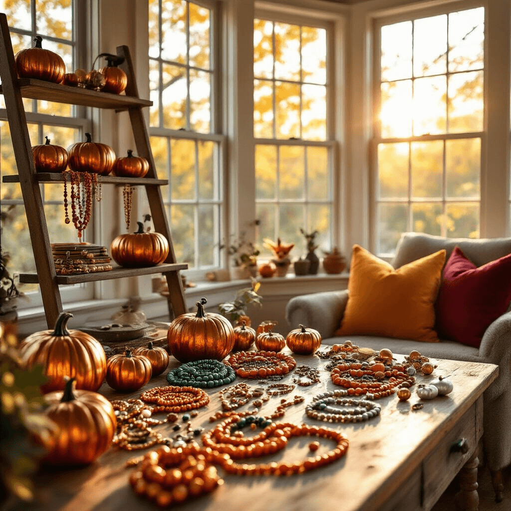 A cozy craft room illuminated by golden afternoon light, featuring a wooden worktable adorned with autumn beads and charms, surrounded by warm wood tones and fall-themed decor.