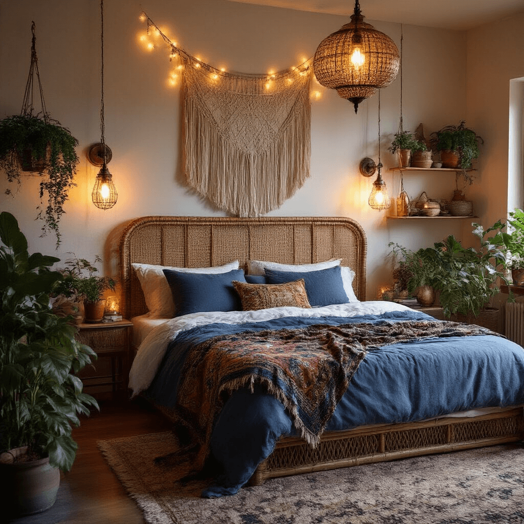 A cozy 12x12ft bohemian bedroom at twilight, featuring a king-sized bed with a rattan headboard, indigo pillows, and a Moroccan blanket, illuminated by vintage sconces, fairy lights, and a modern chandelier. Potted plants and travel artifacts on copper shelves add to the warm, intimate atmosphere.