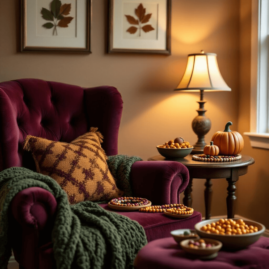 A cozy living room corner featuring a plush burgundy velvet armchair, a small side table with a wooden bead spinner creating a bracelet, and bowls of sorted fall-colored beads. The warm taupe walls are adorned with framed pressed leaves, and a forest green chunky knit throw drapes over the chair. Soft lamplight casts a warm glow, enhancing the autumn crafting ambiance.
