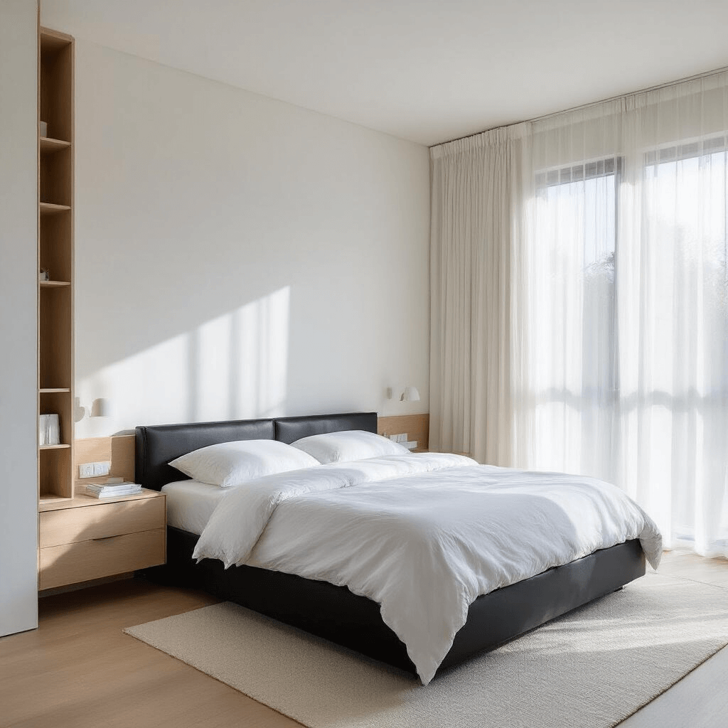 A bright minimalist primary bedroom featuring a low-profile black platform bed dressed in white linen, sheer curtains, pale ash wood storage, and a clean, organized aesthetic.