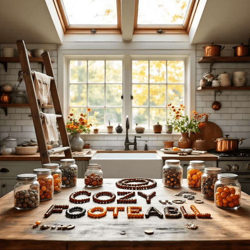 A rustic kitchen with mid-morning light illuminating a farmhouse table set up for bracelet-making, featuring autumn-themed word bracelets 'COZY', 'HARVEST', and 'FOOTBALL', surrounded by jars of beads and gemstones, with a vintage ladder displaying completed bracelets and a warm backdrop of subway tile and copper pots.