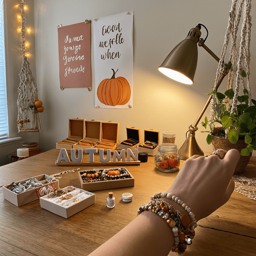 A cozy home office featuring a large wooden desk covered in an artistic arrangement of layered fall-themed bracelets, surrounded by jewelry supplies, with warm string lights illuminating inspirational autumn prints on the walls and a trailing pothos plant in a macramé hanger.