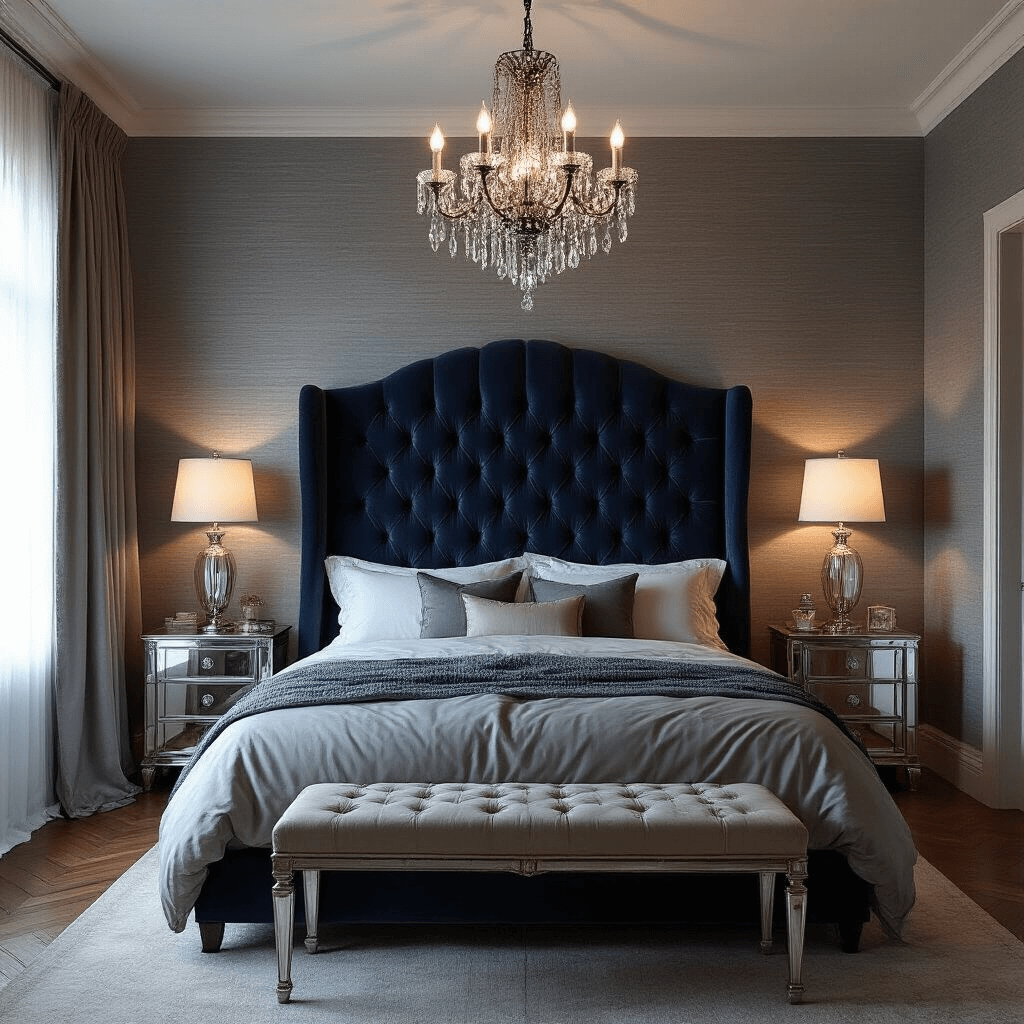 Sophisticated vintage glamour bedroom at dusk with a tufted navy velvet headboard, silvery gray grasscloth wallpaper, crystal chandelier, mirrored nightstands, silk draperies, and herringbone hardwood floors, captured straight-on to showcase luxurious textures and moody lighting.