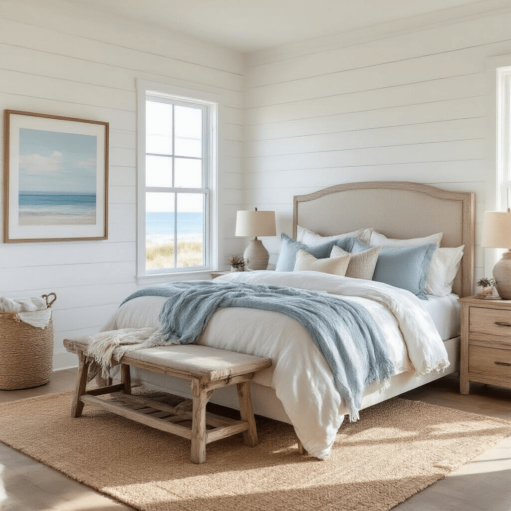 A sunlit coastal contemporary bedroom featuring a white shiplap accent wall, natural linen headboard, layered bedding in sand and blue hues, a jute rug, and weathered oak furniture, captured from above to highlight the airy atmosphere.
