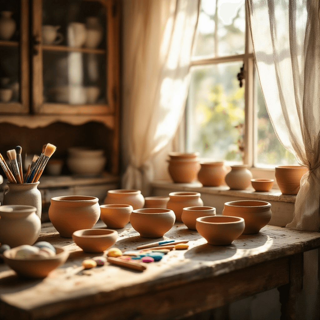 A sunlit kitchen nook featuring a rustic wooden table adorned with handmade clay bowls in various stages of completion, surrounded by clay tools and paint brushes. A vintage hutch in the background displays finished bowls, all captured in a warm, inviting atmosphere.