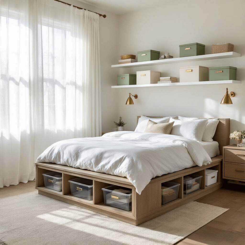 A contemporary bedroom featuring a modern platform storage bed in weathered oak with white linens, bathed in soft morning light through sheer white curtains, and accented by floating white shelves displaying decorative items and organized storage boxes.
