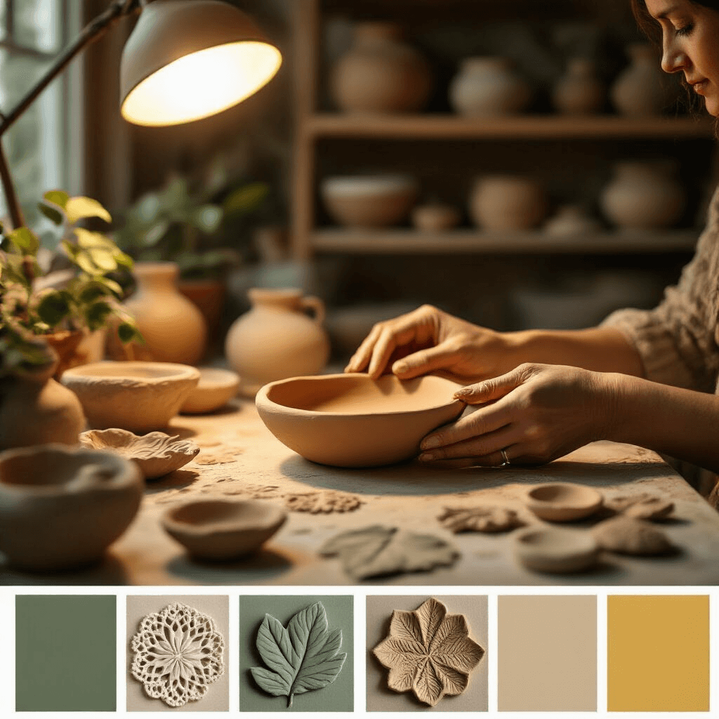Close-up of hands shaping a leaf-shaped bowl from terracotta clay in a cozy craft room, illuminated by warm lamp light. Surrounding the workstation are nature-inspired molds, including real leaves and lace patterns, amidst earth tones and accents of sage green and warm yellow. Dried bowls await decoration on shelves in the background, creating a serene and focused atmosphere.
