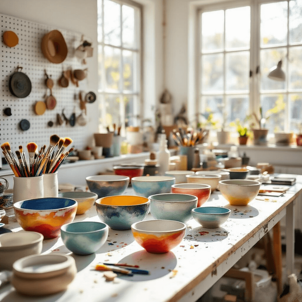 Bright home studio with large windows, filled with sunlight. A long table showcases colorful painted clay bowls with artistic designs, surrounded by paint brushes and tools. A pegboard in the background displays creative inspirations. Overall mood is energetic and playful.