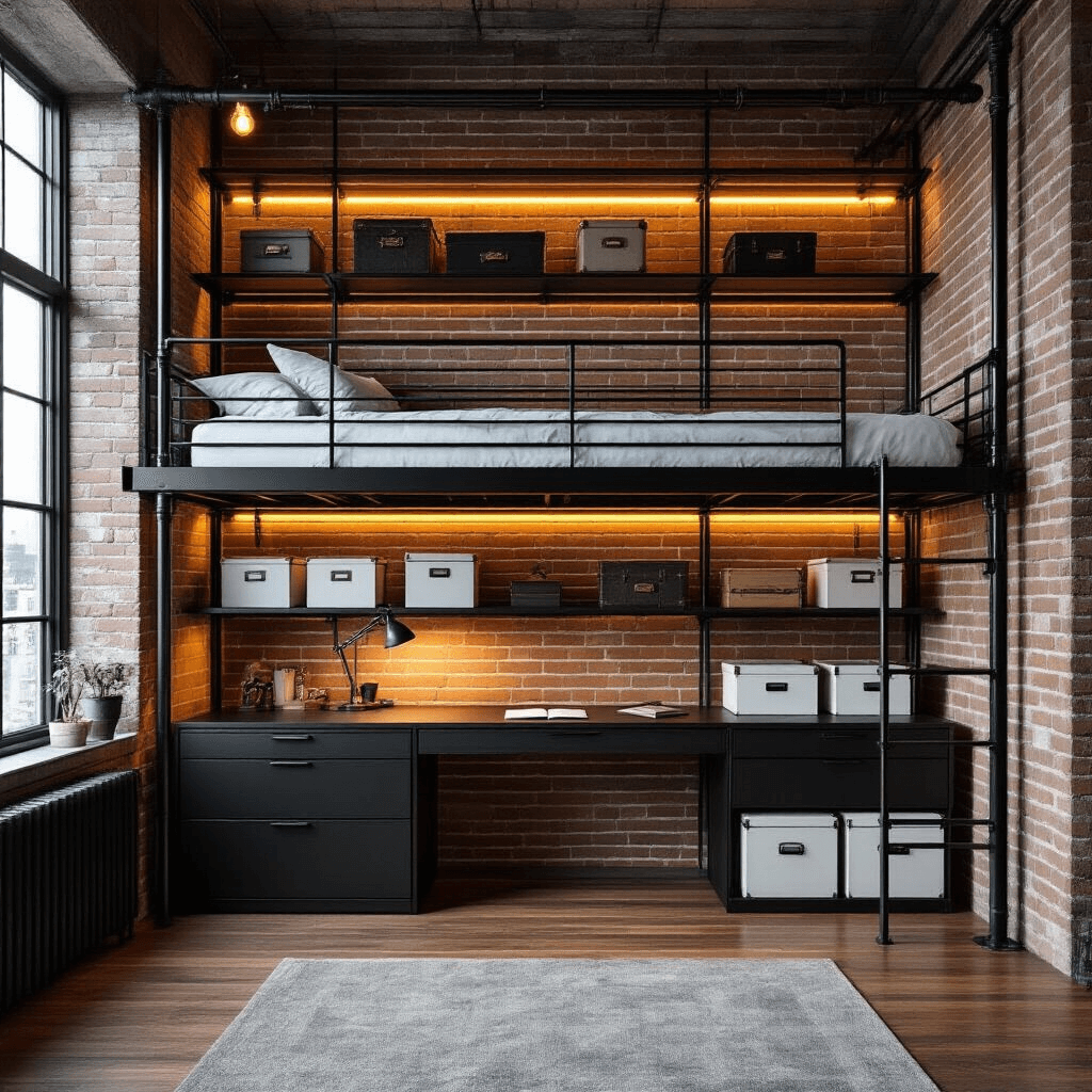 An urban loft-style bedroom with 14ft ceilings featuring a black metal loft bed, streamlined desk, and wardrobe beneath, illuminated by warm LED strip lighting, with industrial-style pipe shelving on an exposed brick wall displaying white storage boxes and vintage suitcases, captured from ground level during golden hour.