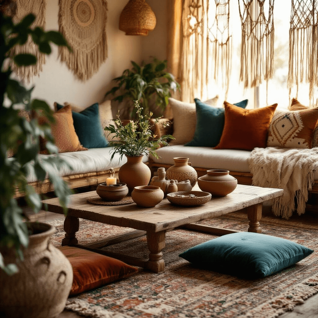 A cozy bohemian-inspired living room bathed in golden hour light, featuring a low coffee table surrounded by floor cushions. The centerpiece includes a collection of handmade clay bowls with rustic textures, geometric shapes, and whimsical animal faces, holding plants, jewelry, and candles. The scene showcases woven rugs, velvet pillows, and wooden accents in warm neutrals with deep teal and rust pops, captured from a slightly above eye-level angle to emphasize the inviting vignette.