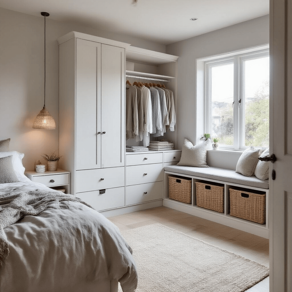 A Scandinavian-inspired bedroom featuring a multifunctional white dresser with an extending clothes rail, natural rattan storage baskets under a window seat, and minimalist floating nightstands, all bathed in soft natural light.