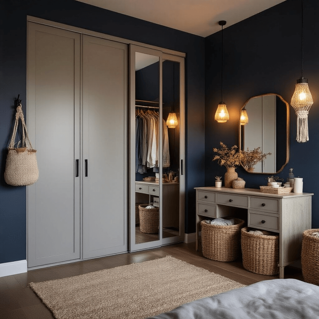 Cozy 11x13ft bedroom at dusk featuring pearl gray mirror wardrobes, ambient LED lighting, macramé pouches, woven baskets under a vintage vanity, and a deep navy accent wall, shot from an elevated angle for a moody atmosphere.