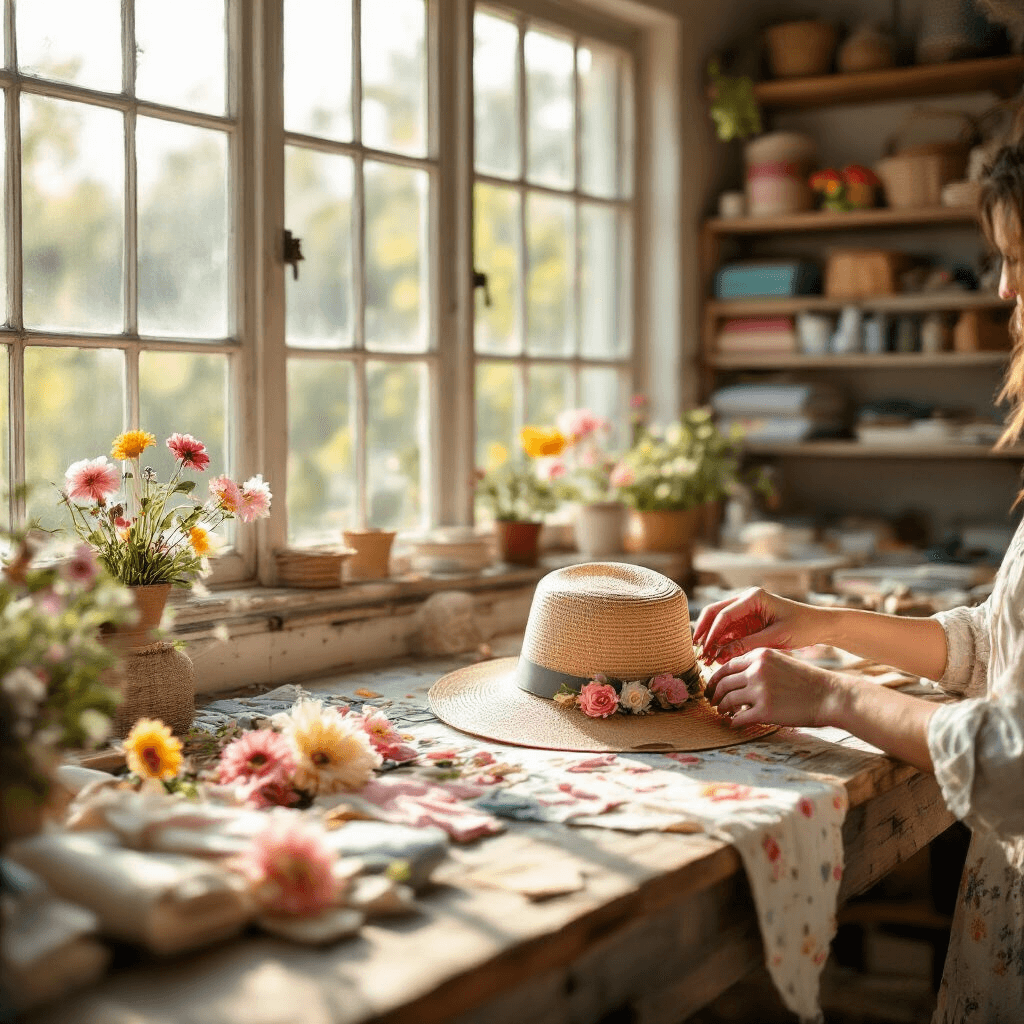 A sunlit craft room featuring a rustic wooden worktable cluttered with fabric scraps and a straw hat, as a woman’s hands attach fabric flowers to the hat. Colorful craft supplies are displayed on shelves in the background, with soft pastel hues and vibrant florals creating a warm, inviting atmosphere.