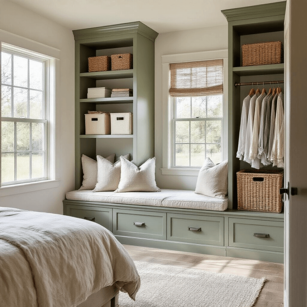A modern farmhouse bedroom featuring a built-in sage green window seat with linen cushions, distressed white wood shelving with storage bins, an oil-rubbed bronze rolling garment rack, and balanced afternoon natural lighting.