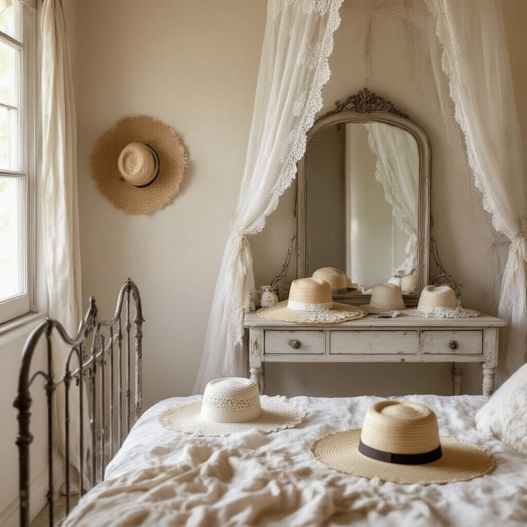 A vintage-inspired bedroom bathed in soft morning light, featuring a weathered vanity adorned with lace hats, a wrought-iron bed with a lace canopy, and a dreamy, romantic atmosphere in neutral tones with blush and cream accents.