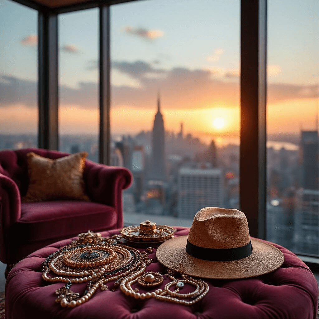 A close-up of a straw hat on a velvet armchair surrounded by colorful beads and embellishments in a bohemian-chic living room, with floor-to-ceiling windows revealing a softly blurred city skyline at golden hour.
