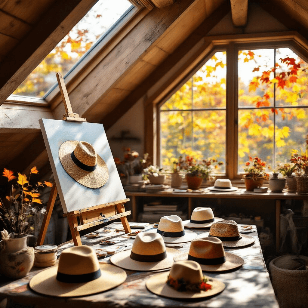 A cozy attic art studio filled with warm autumn colors, featuring a large skylight and slanted ceilings. Sunlight filters through colorful leaves, illuminating an easel with a half-painted straw hat design and a table adorned with various decorated straw hats. Leaf shadows add texture to the creative space.