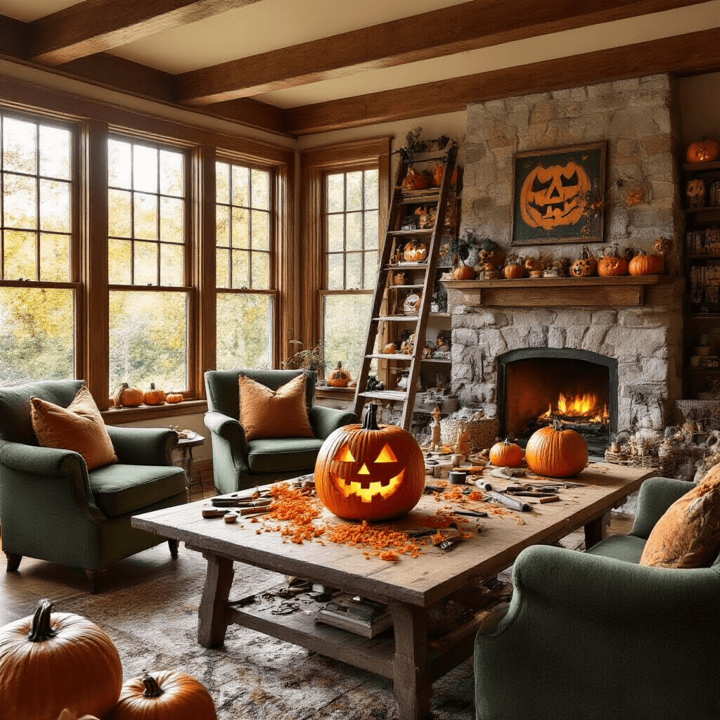 Cozy craftsman-style living room with exposed wooden beams, large bay windows filled with golden hour sunlight, a worktable covered in pumpkin carving tools, a half-carved fox pumpkin, deep forest green armchairs, and a stone fireplace, all adorned with warm autumnal tones and Halloween decor.