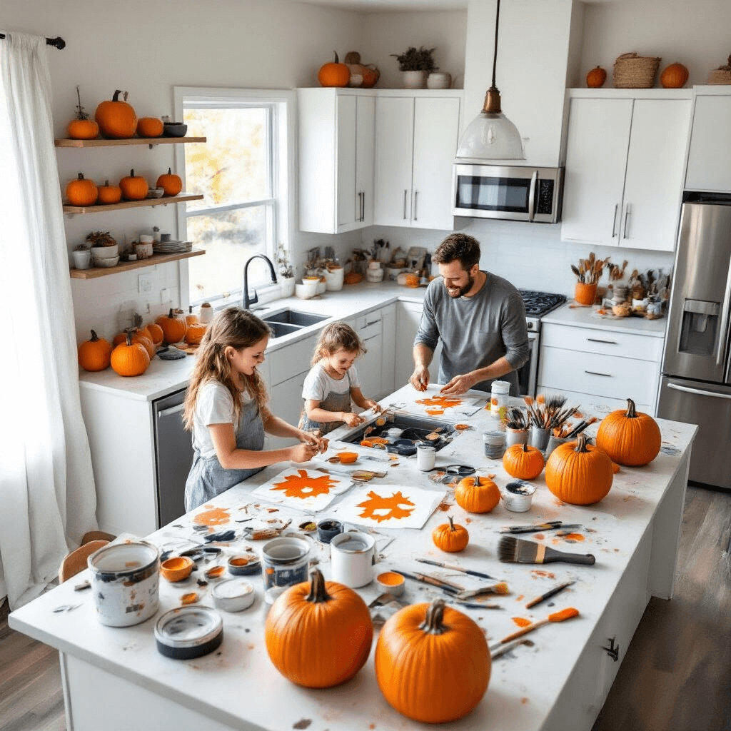 A high-angle view of a modern kitchen featuring a central island bustling with a young family painting pumpkins in a vibrant array of colors, surrounded by paint supplies. The space is illuminated by soft morning light, with sleek white cabinets, stainless steel appliances, and floating shelves showcasing past creations.