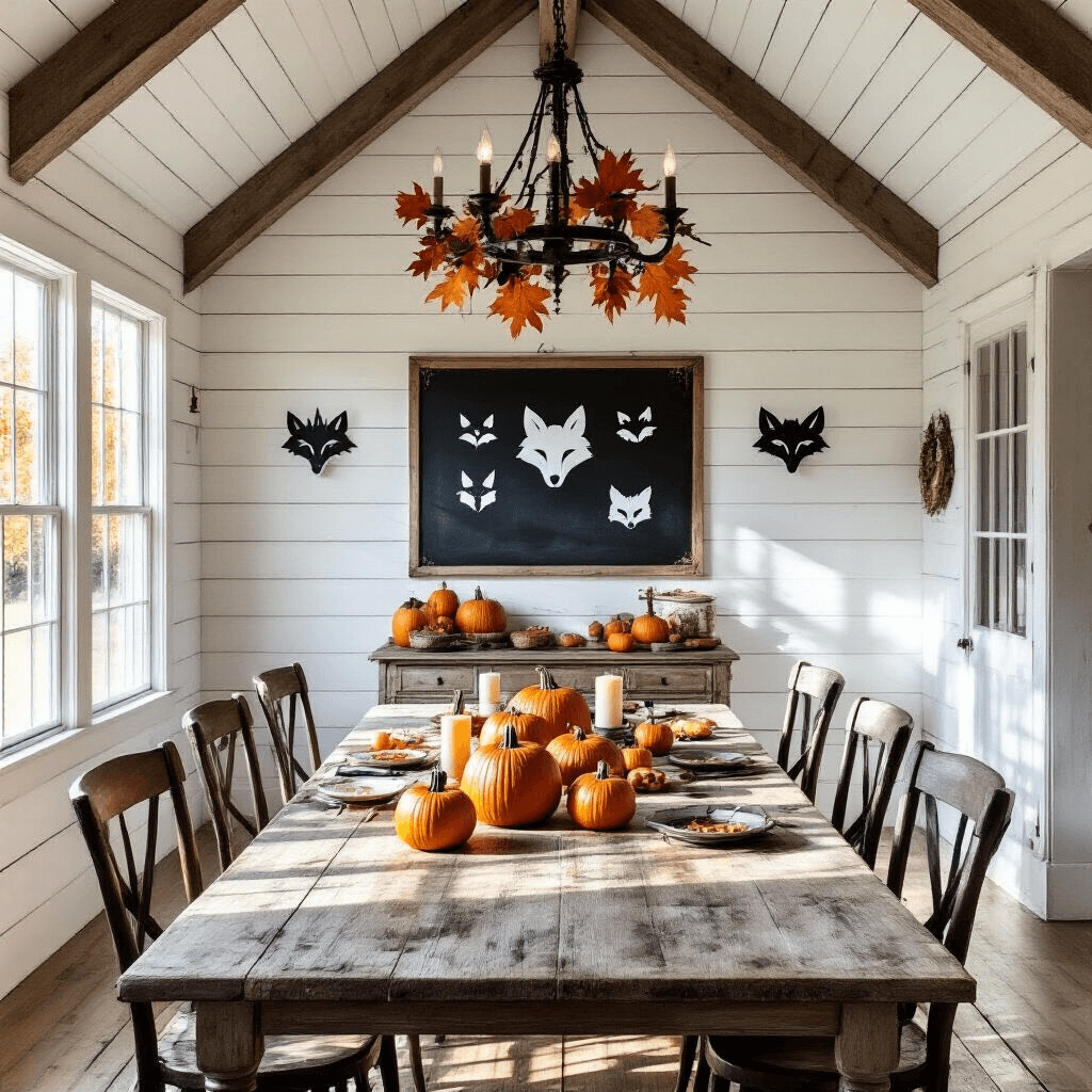 A rustic farmhouse dining room with whitewashed shiplap walls and vaulted ceiling, featuring a weathered wooden table set for a pumpkin carving party, complete with tools, LED candles, and various pumpkin sizes. Mismatched vintage chairs surround the table, a large chalkboard displays fox stencil designs, and a wrought iron chandelier adorned with faux autumn leaves hangs above, all bathed in warm late afternoon light.