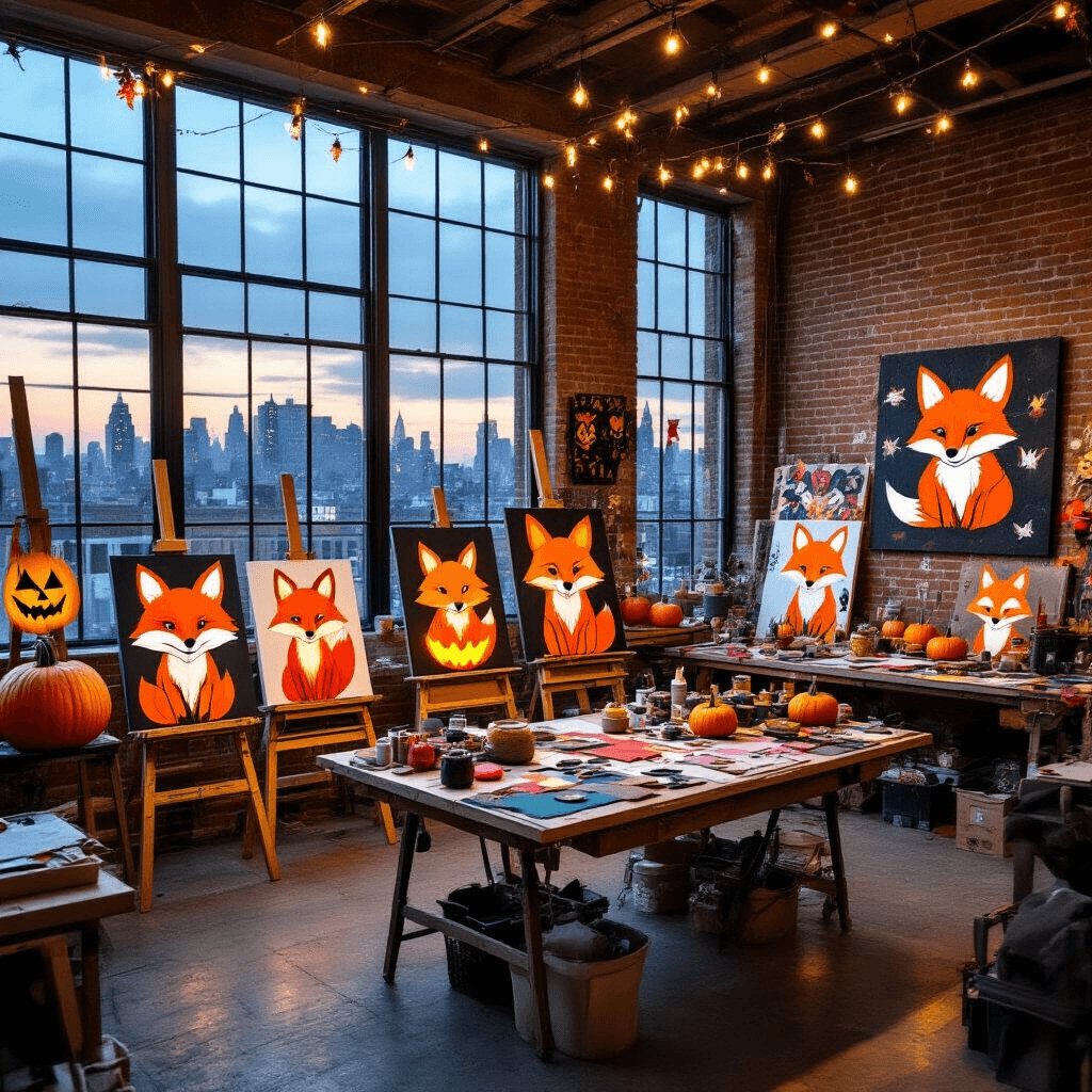 A low-angle view of an eclectic artist's studio loft filled with fox-themed pumpkin art, featuring a central work table with unconventional materials. Floor-to-ceiling windows reveal a cityscape at dusk, with warm interior lighting contrasting against the cool blue outside.