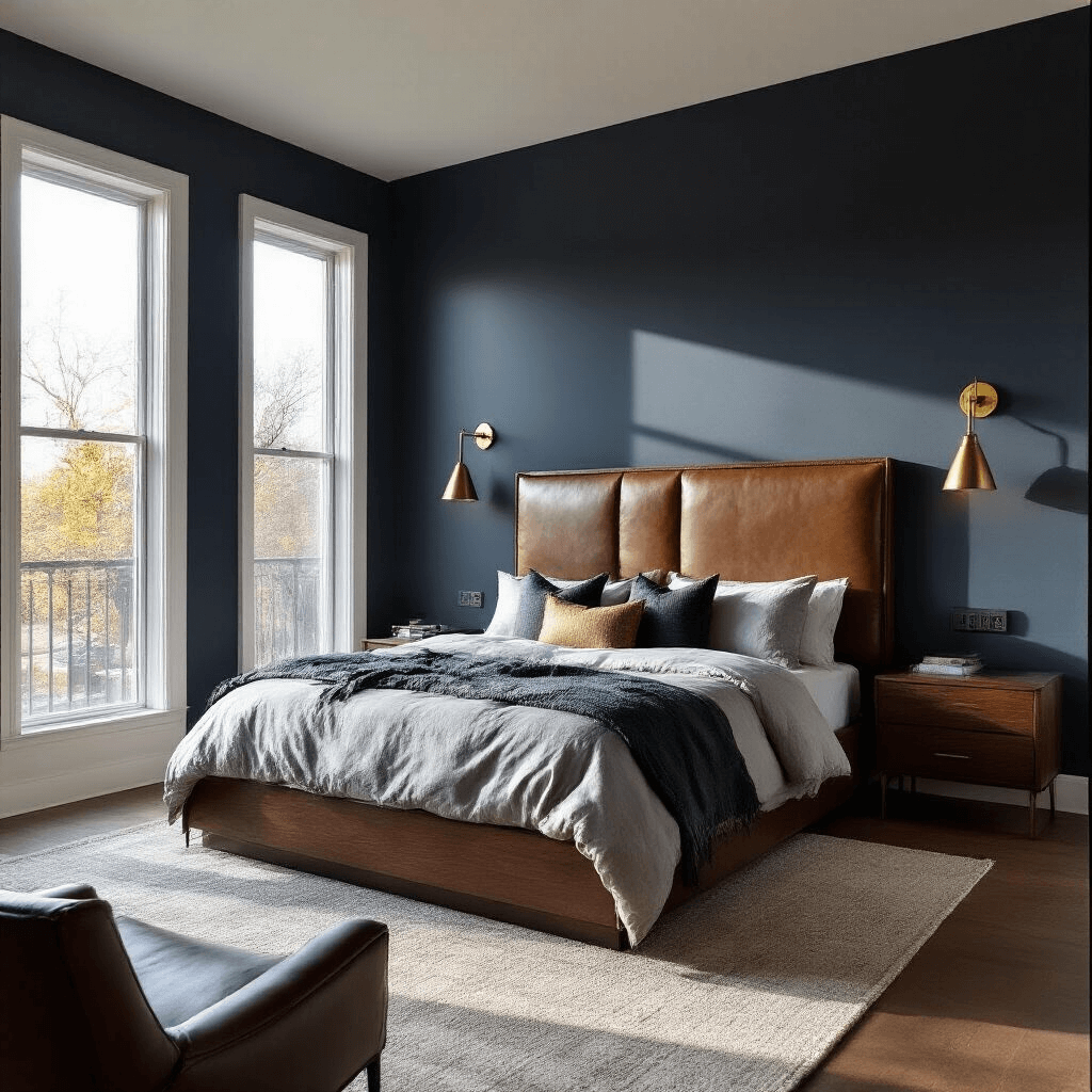 A spacious modern masculine bedroom featuring a dark walnut platform bed with a leather headboard, layered light gray linen and charcoal wool bedding, and ambient lighting enhancing a cozy atmosphere, all set against a deep navy accent wall.