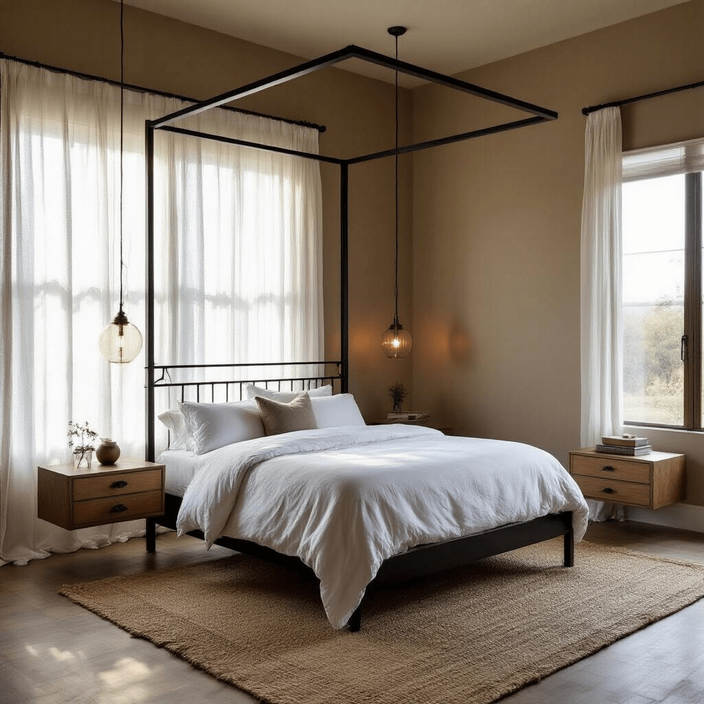 A master bedroom at dawn with a black steel canopy bed, crisp white linens, warm taupe walls, and floating wooden nightstands with brass hardware. Soft morning light filters through sheer white drapes, casting a serene mood. A jute rug adds texture, and a low angle captures the bed's silhouette against floor-to-ceiling windows.