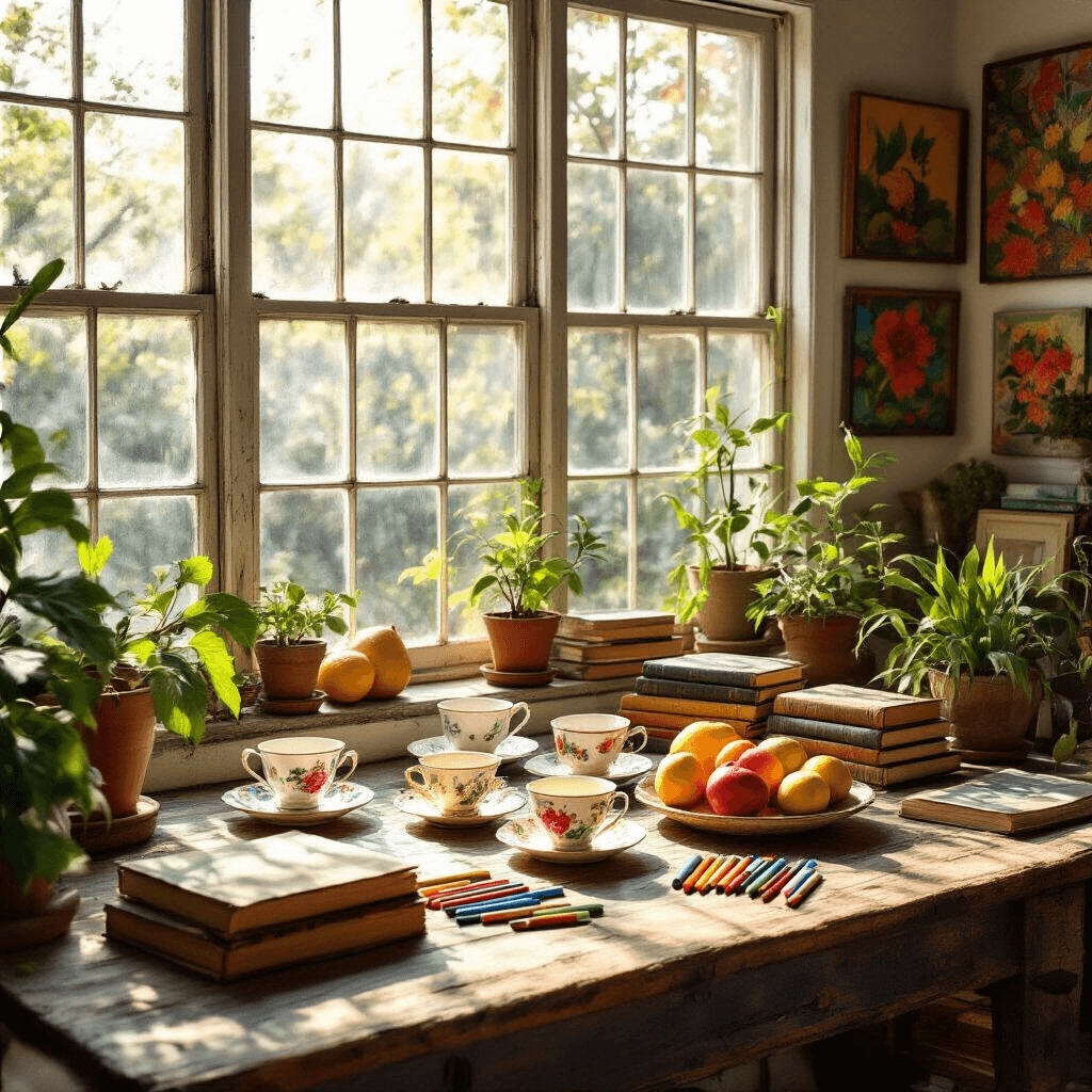 A cozy art studio filled with warm, natural light streaming through bay windows, featuring a rustic wooden worktable adorned with vintage teacups, weathered books, and exotic fruits. Vibrant oil pastels are scattered nearby, and colorful artwork decorates the walls, while potted plants add a touch of greenery, creating an inspiring and creative atmosphere.