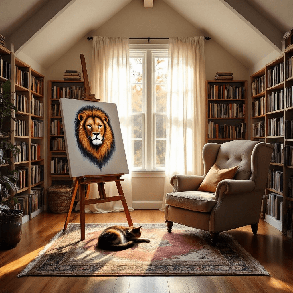 A spacious living room bathed in warm golden hour light, featuring a large canvas on an easel with a half-completed lion portrait. A plush armchair holds a sleeping cat, while bookshelves filled with art books line the walls. Hardwood floors are adorned with a Persian rug, creating a serene and artistically focused atmosphere.