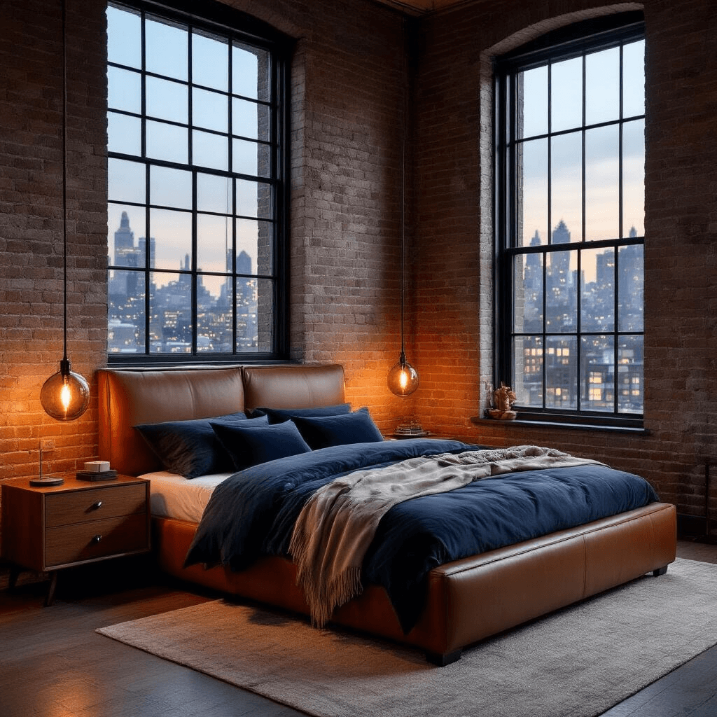 A cozy corner bedroom at dusk, featuring a cognac leather platform bed against exposed brick walls, charcoal linen bedding with navy velvet pillows, mid-century modern walnut nightstands, and smoked glass table lamps, with city lights visible through industrial-style windows.
