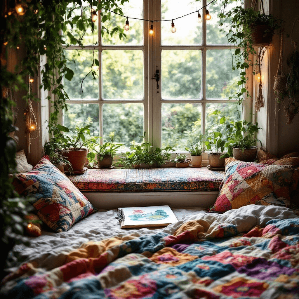 Close-up of a bohemian-style window seat adorned with vibrant cushions and a sketchpad featuring an oil pastel drawing of a Japanese garden, surrounded by soft, dappled afternoon light filtering through leaves, with a lush garden view outside.