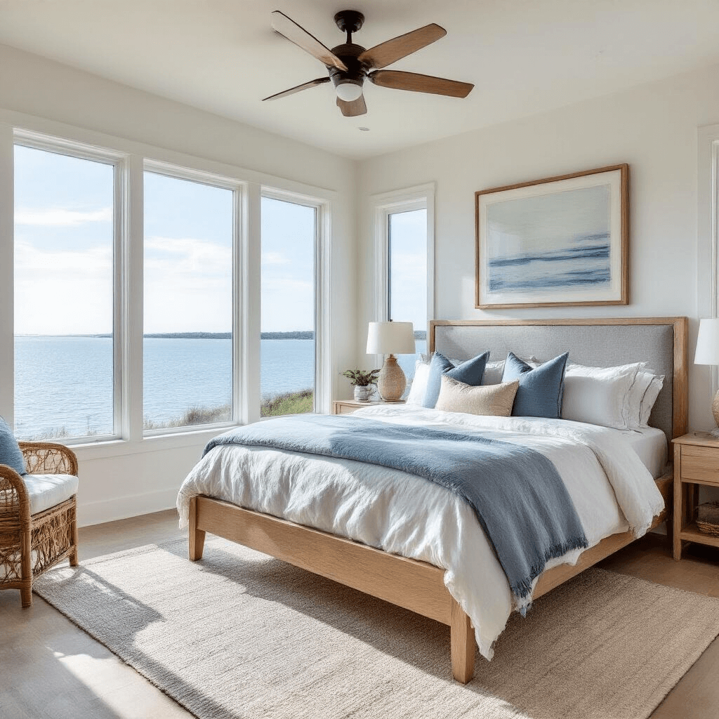 A bright and airy coastal retreat bedroom featuring a white oak bed frame with a gray linen headboard, layered bedding in sandy neutrals and soft blues, rattan accents, and nautical artwork, all illuminated by midday sunlight through panoramic windows.