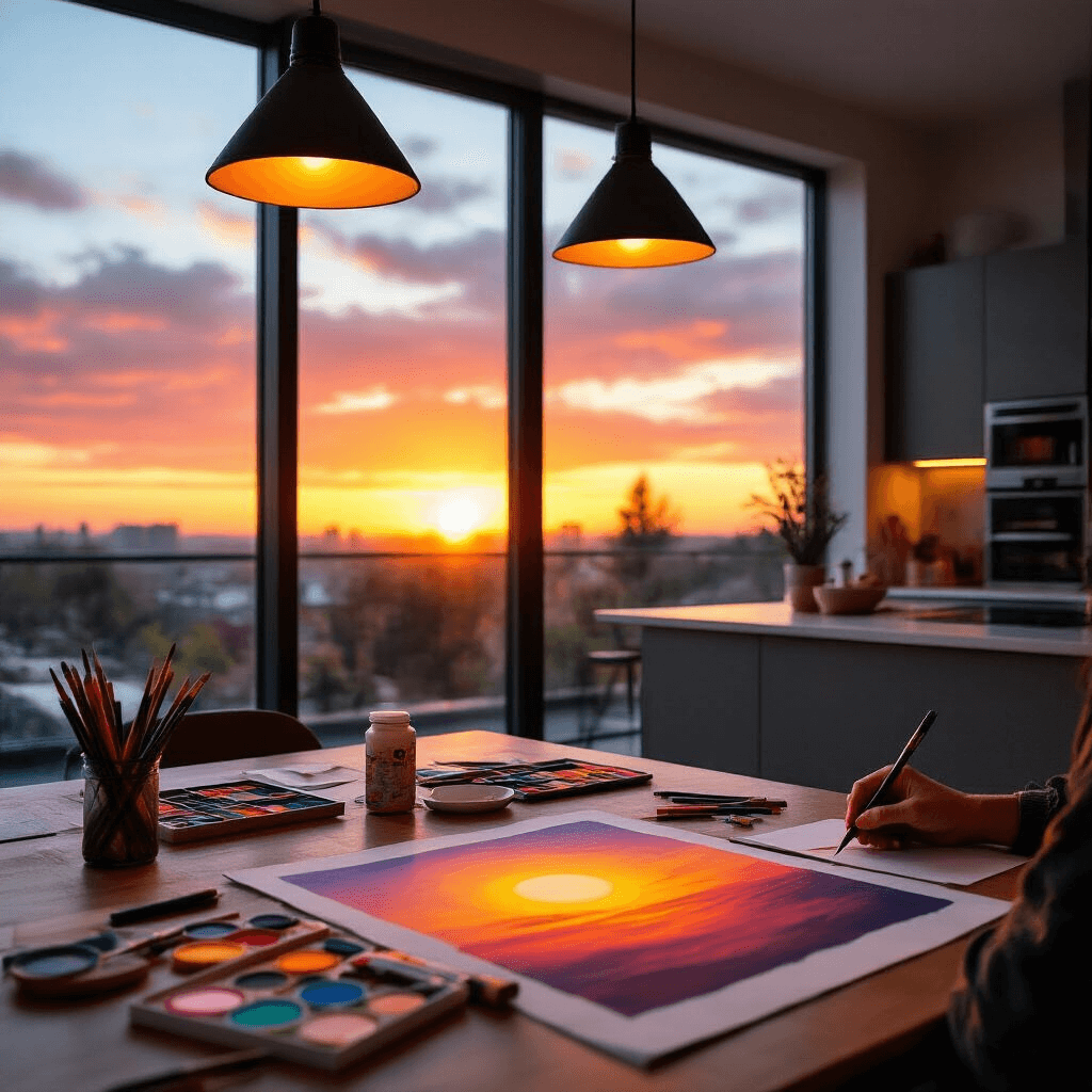 An over-the-shoulder view of an artist working on a half-finished sunset artwork at a cluttered dining table in a modern kitchen-dining area, with floor-to-ceiling windows showcasing a vibrant sunset in shades of orange and pink.