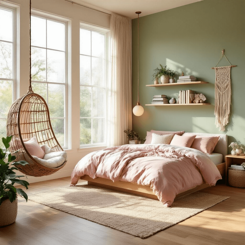 A bright corner bedroom with floor-to-ceiling windows, featuring a modern platform bed with blush pink and cream linens against a sage green wall, a cozy reading nook with a hanging rattan chair, and floating shelves displaying books and crystals, all bathed in morning sunlight.