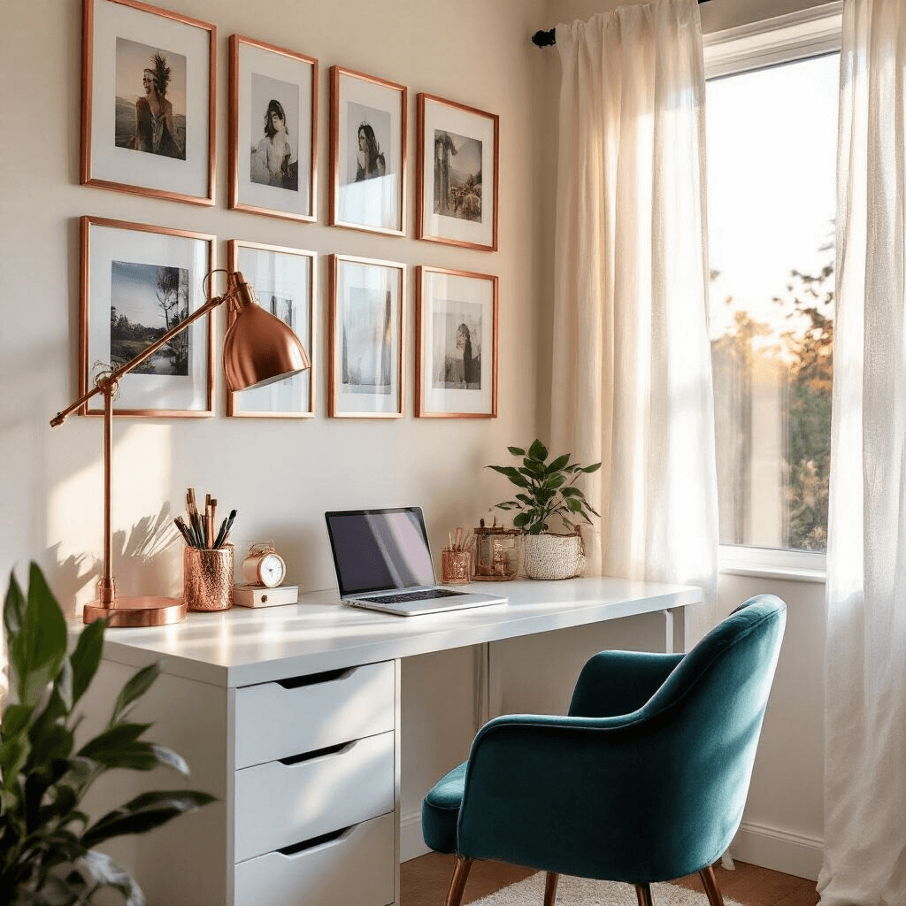 A cozy teen study space in a 10'x12' room, featuring a sleek white desk facing a gallery wall of polaroids and art prints in copper frames. Warm golden hour light illuminates rose gold desk accessories and textured white curtains, while a deep teal velvet chair adds sophistication. The scene captures a modern bohemian aesthetic with a focus on academic functionality.