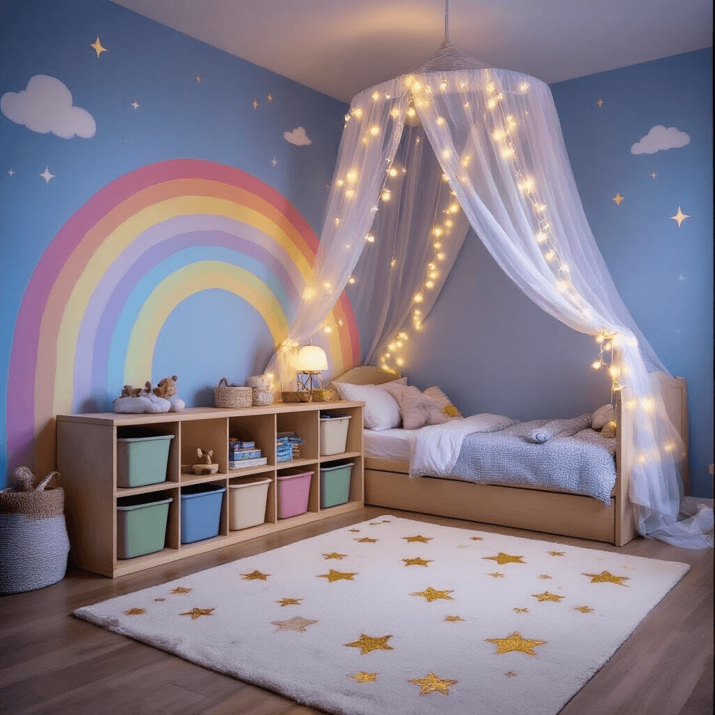 A whimsical preschooler's room at twilight featuring a twin bed with a canopy adorned with twinkling fairy lights, a pastel rainbow mural, and a natural wood cubby system with labeled bins for storage. The cream-colored plush area rug has golden stars, and the scene is captured from a child's eye level, highlighting a magical atmosphere with mixed warm and cool lighting.