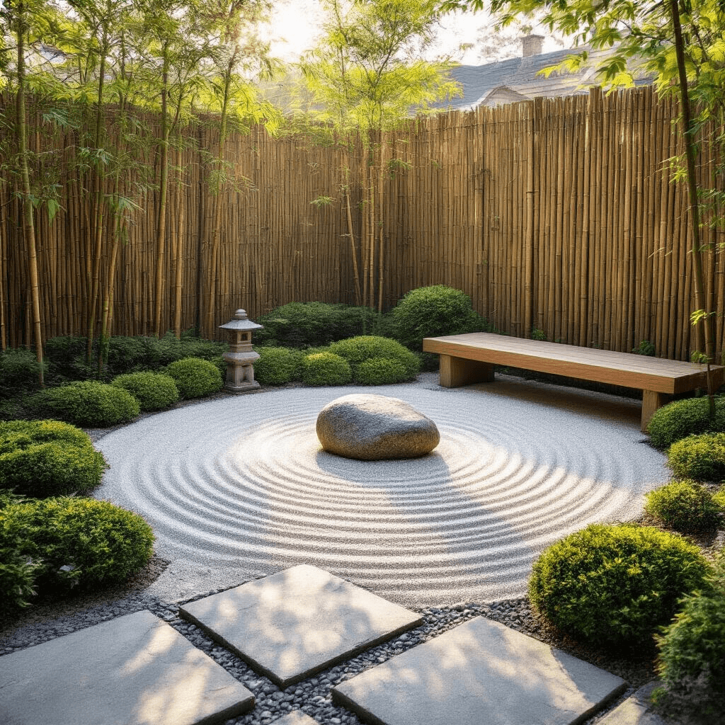 A tranquil Zen garden in a sunlit backyard corner, featuring a circular sand pit with concentric rake patterns, a smooth river rock centerpiece, miniature evergreen shrubs, a small stone lantern, and a low wooden bench, all set against natural stone pavers and bamboo screens casting soft shadows in early morning light.