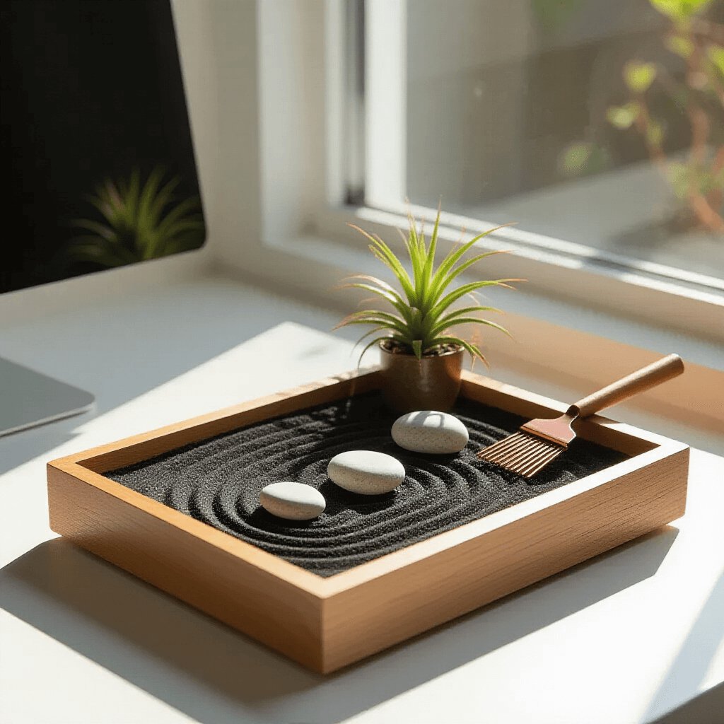 Close-up of a minimalist desktop Zen garden in a modern home office, featuring a shallow wooden tray filled with fine black sand, three small white stones, a copper rake, and a single air plant, illuminated by warm afternoon sunlight.