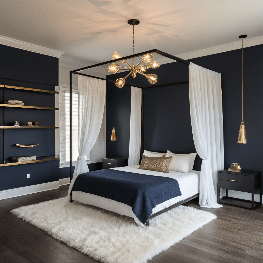 A sophisticated teen sanctuary featuring a statement four-poster bed with sheer curtains against a dark navy wall, illuminated by a modern chandelier casting geometric shadows, with a white fur rug and matte black floating shelves, accented by metallic gold and copper details in a moody, elegant atmosphere.