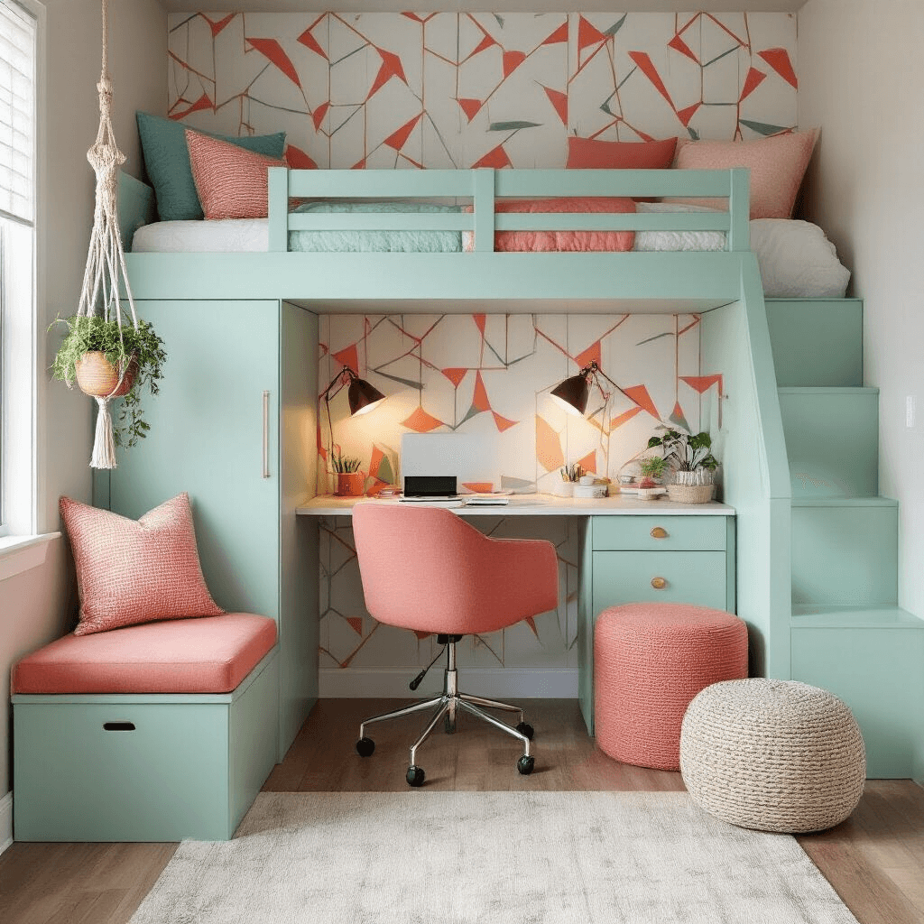 A cozy tween space with a convertible loft bed and built-in desk, featuring a mint and coral color scheme, geometric wallpaper, a storage ottoman, macramé plant hangers, and natural side lighting.