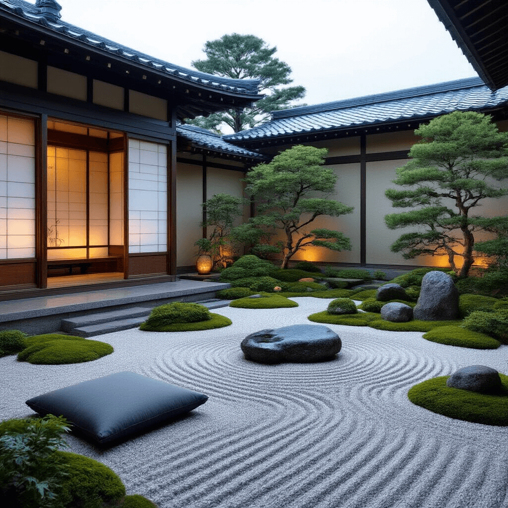 Twilight view of a serene Japanese-inspired Zen garden patio featuring shoji screens, a large granite slab, raked gravel, moss-covered rocks, a small stone basin with trickling water, and a calming color palette of silvery greys, deep greens, and indigo accents, with a low tatami mat and cushions for meditation.