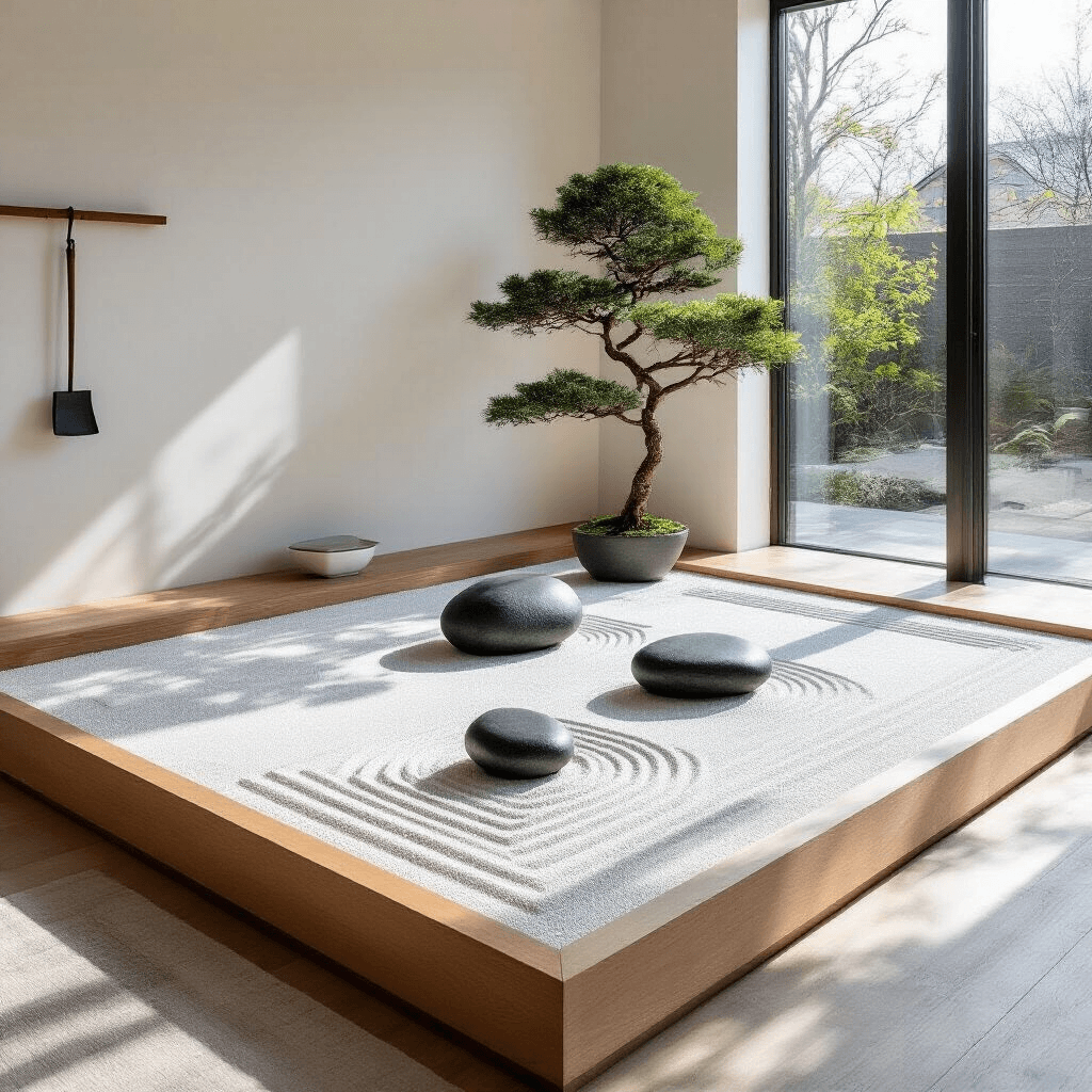 Bright, airy indoor Zen garden in a contemporary living room corner featuring a raised platform with white sand and geometric patterns, three black river stones, and a potted bonsai tree, illuminated by midday sun through floor-to-ceiling windows. Minimalist decor in neutral tones surrounds the space.