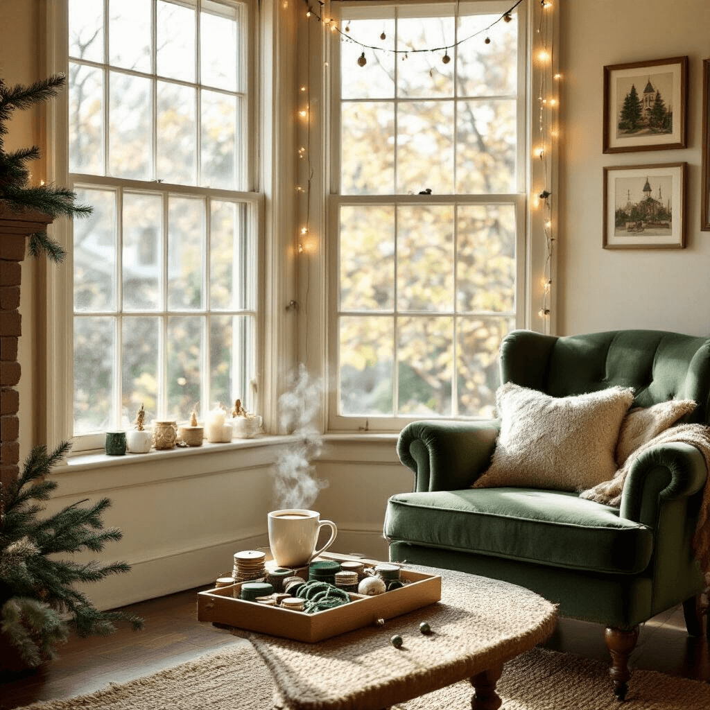 A cozy living room corner with a forest green velvet armchair, a weathered oak side table holding a steaming mug of cocoa and a craft box filled with supplies, all bathed in warm afternoon light from a large bay window. Fairy lights and vintage Christmas postcards add to the inviting atmosphere, set atop a woven jute rug on dark hardwood floors.