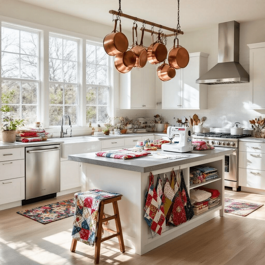 A modern kitchen with white cabinets and stainless steel appliances, featuring a bright central island with a sewing machine and colorful fabric scraps, illuminated by natural light from large windows. Copper pots hang above, and a rustic ladder displays quilted potholders against a pale oak floor and patterned runner.