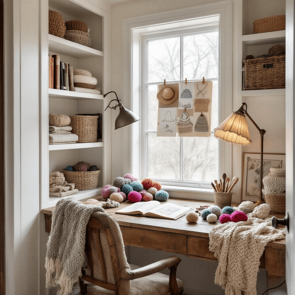 A cozy winter crafting nook featuring a reclaimed wood desk, colorful yarn, vintage crochet hooks, and a mood board, all illuminated by soft afternoon light filtering through a frosted window.